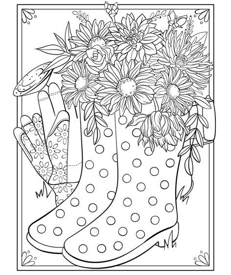 Coloring page wellies filled with flowers